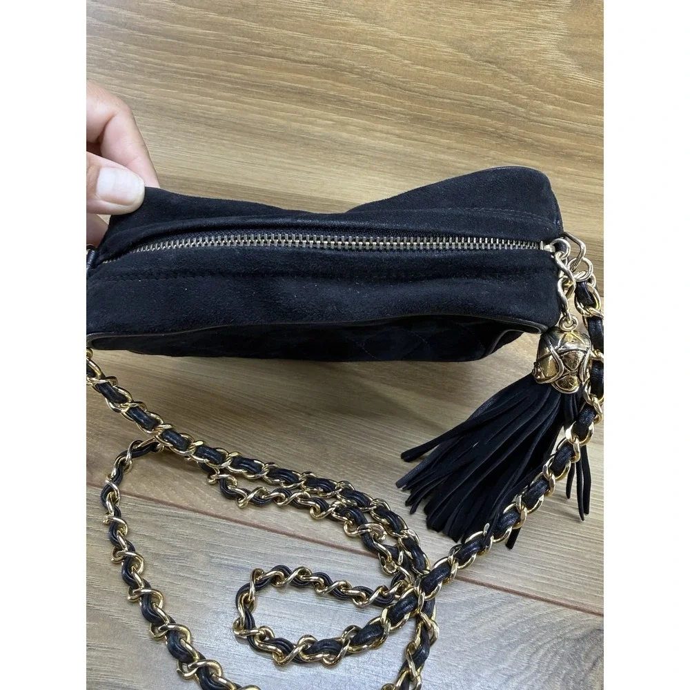 CHANEL Vintage 90s Quilted Suede Small Camera Bag Black Suede Zipper Tassel